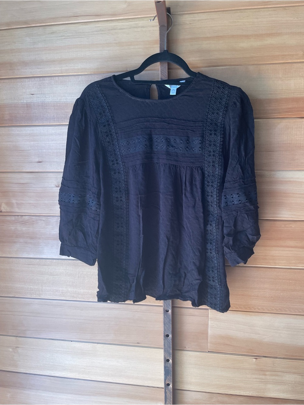 Time and Tru Black Crochet-Trim Peasant Blouse Large